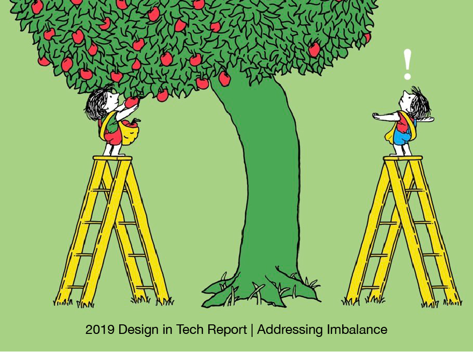  برابری، تصویری که نشان می دهد دو نفر با نردبان هایی با ارتفاع یکسان ، یکی از آنها هنوز قادر به رسیدن به سیب نیست زیرا درخت کج است.