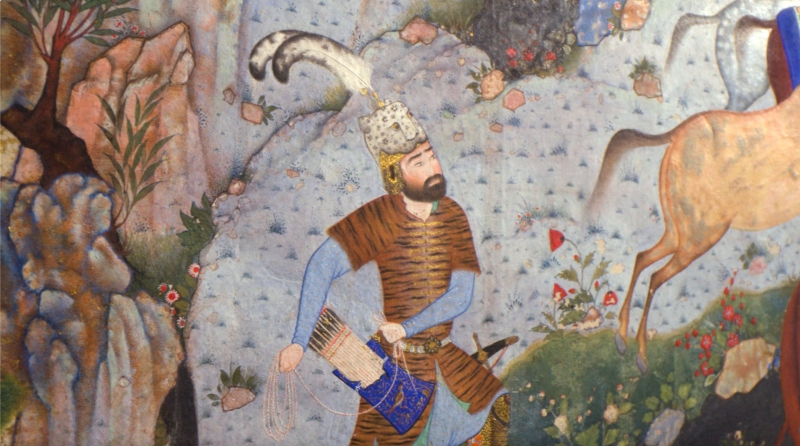 شاهنامه شاه‌طهماسب نشان می‌دهد که رستم پهلوان، رخش، اسب محبوبش را که در فارسی به معنای آذرخش نام‌گذاری شده است، پیدا می‌کند.