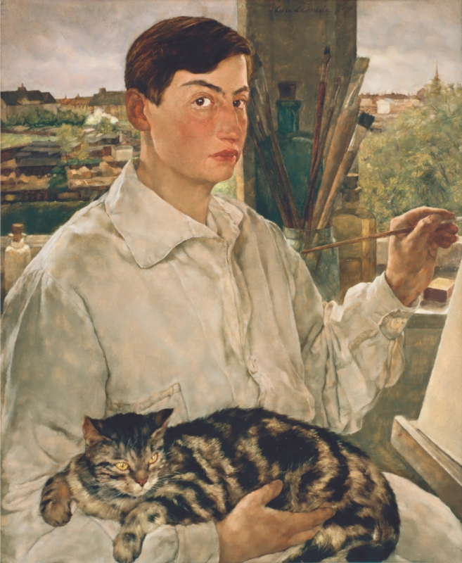 سلف پرتره لوته لیزرشتاین با گربه (1928)، یکی از حدود 85 نقاشی در حال نمایش