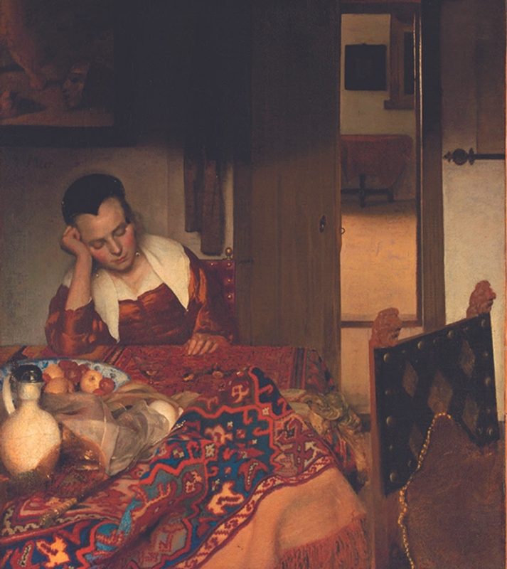 خدمتکار خفته ورمیر (حدود 1656-1657) در اصل شامل یک پرتره منعکس شده از هنرمند در آینه بود: خدمتکار ممکن است یک مدل خسته باشد.
